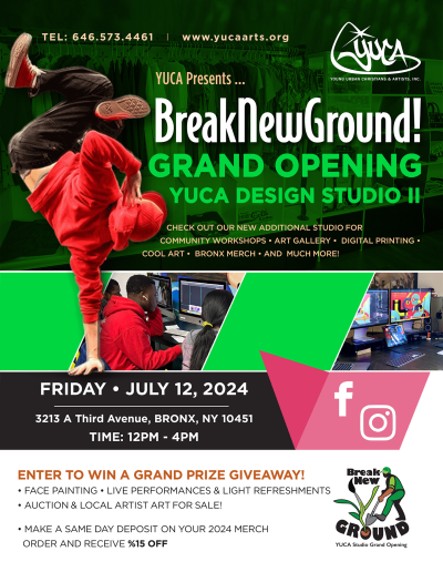 Poster for YUCA Grand Opening Event. Poster in the style of a collage, including a break dancer, students on the computer, a computer lab and YUCA's new studio.